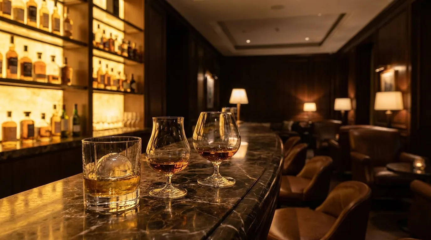 Whisky-, rom- og cognacglas opstillet på en marmorbardisk i en eksklusiv bar