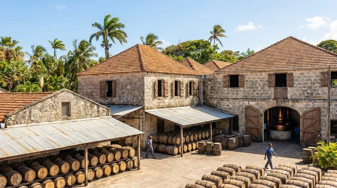 Romdestilleri på Barbados med korallstensbygninger og egefade i klart caribisk lys
