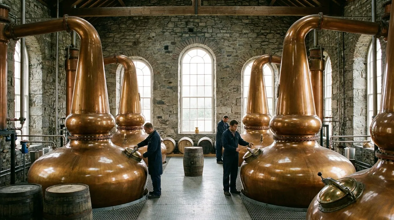 Store kobber-pot stills i et lyst irsk destilleri af sten