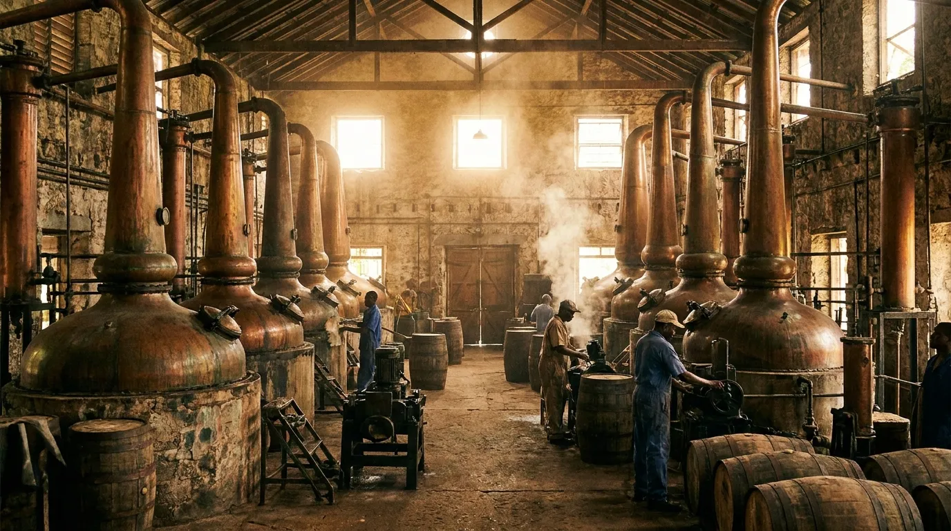 Høje kobber-pot stills i et traditionelt jamaicansk romdestilleri i varmt tropisk lys