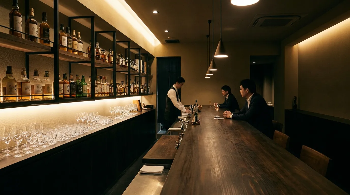 Elegant japansk whiskybar i mørkt træ med præcist opstillet krystalglas