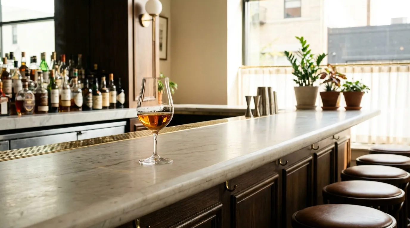 Ung lys cognac i et tulipanglas på en lys marmorbardisk i klart dagslys