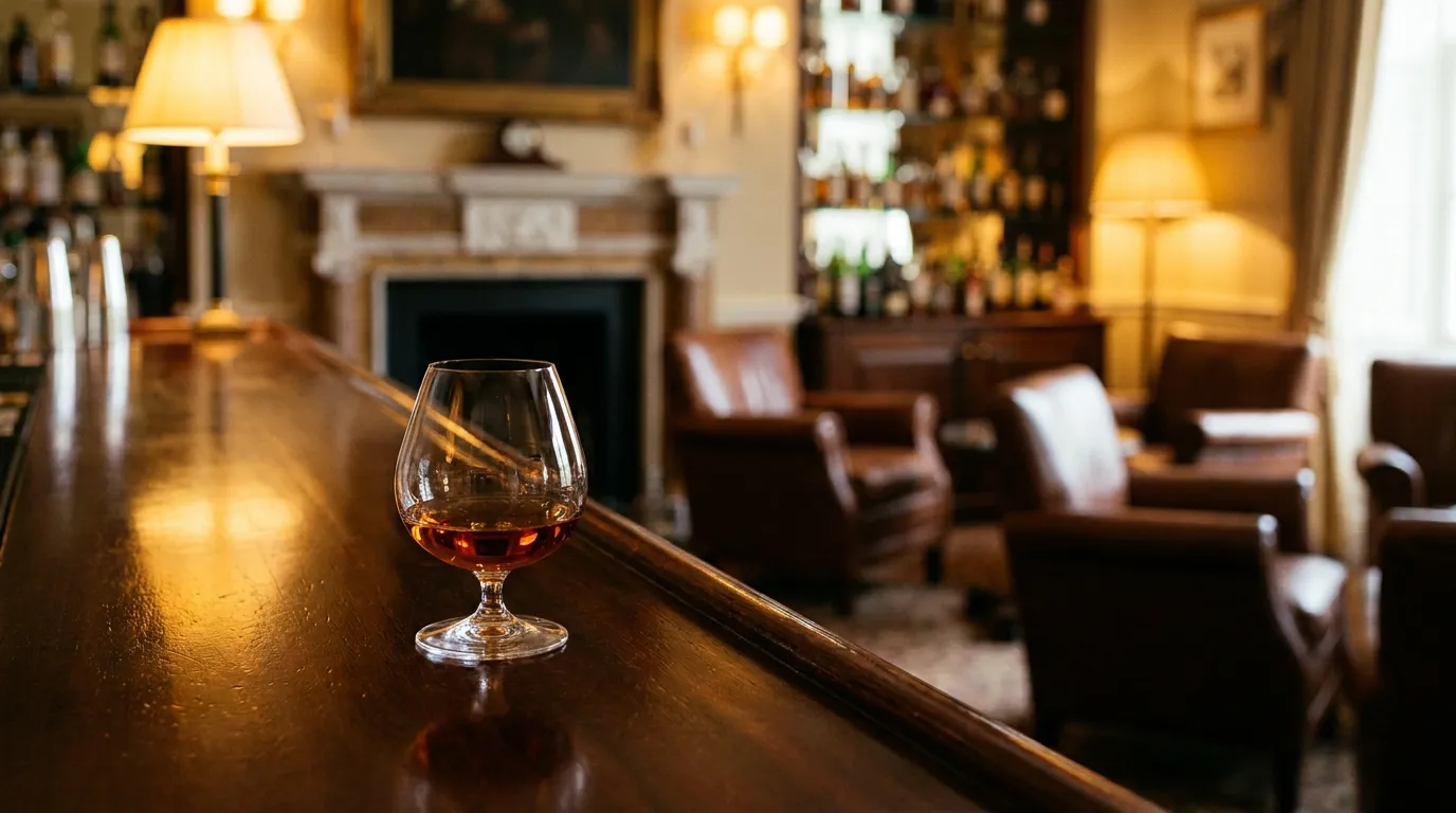 Amberfarvet cognac i et snifterglas på en poleret mørk bardisk i varmt lampelys