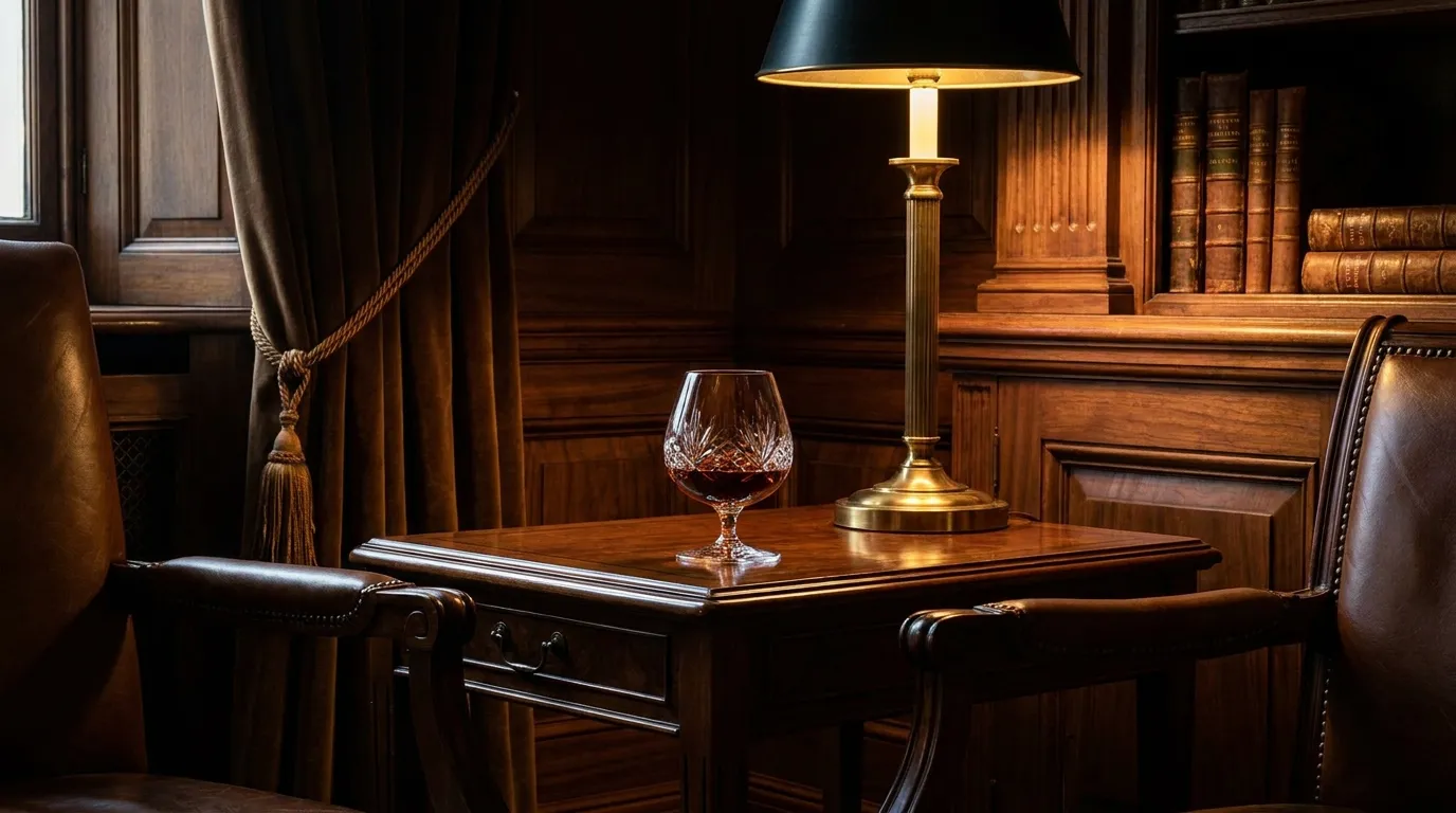 Dyb mahognifarvet XO-cognac i et fint krystalsnifterglas i mørkt træpanelet rum