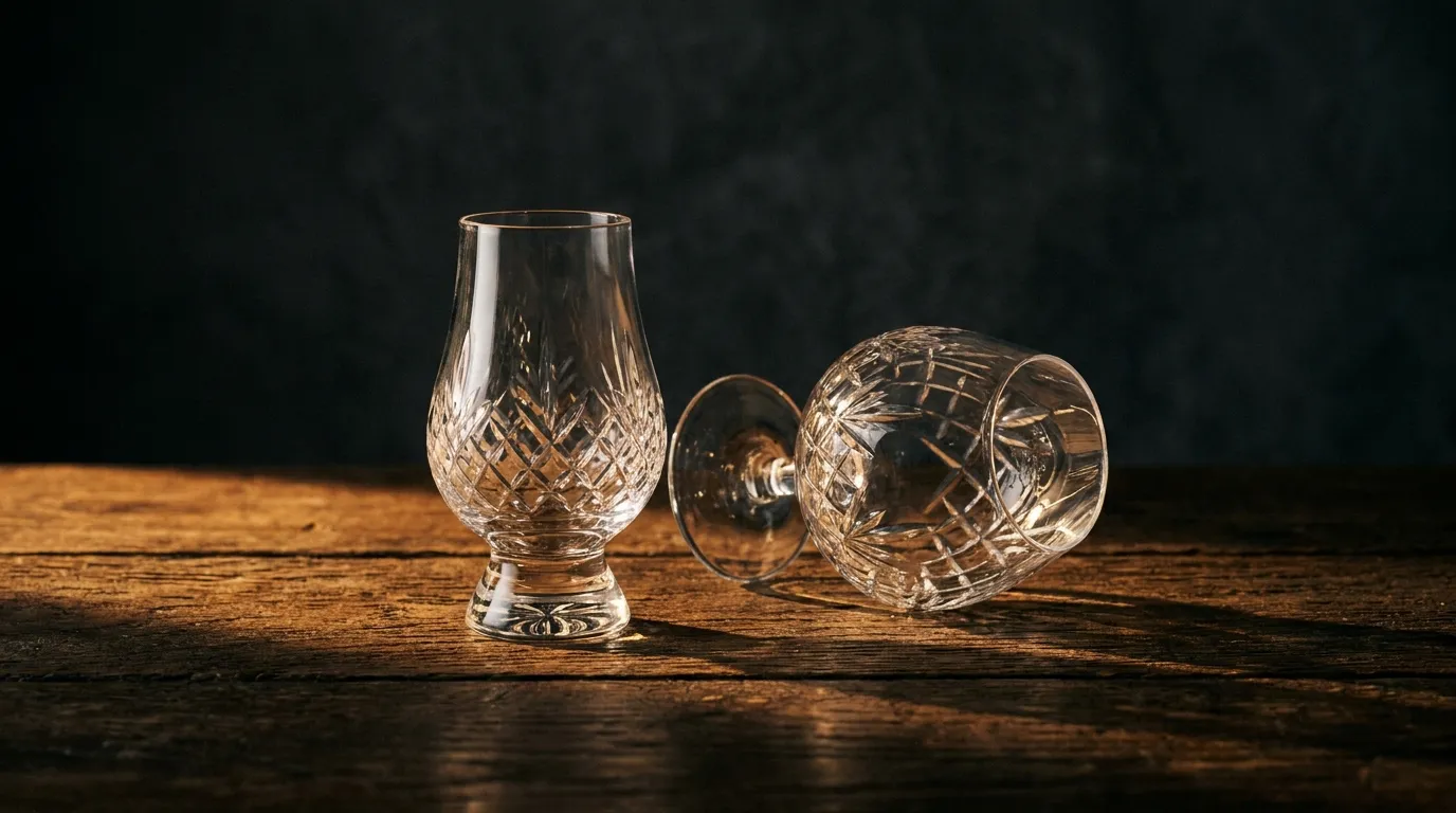 Tomme krystalglas — et whisky-nosingglas og en tulipan-snifter — på mørkt egetræ i varmt lys