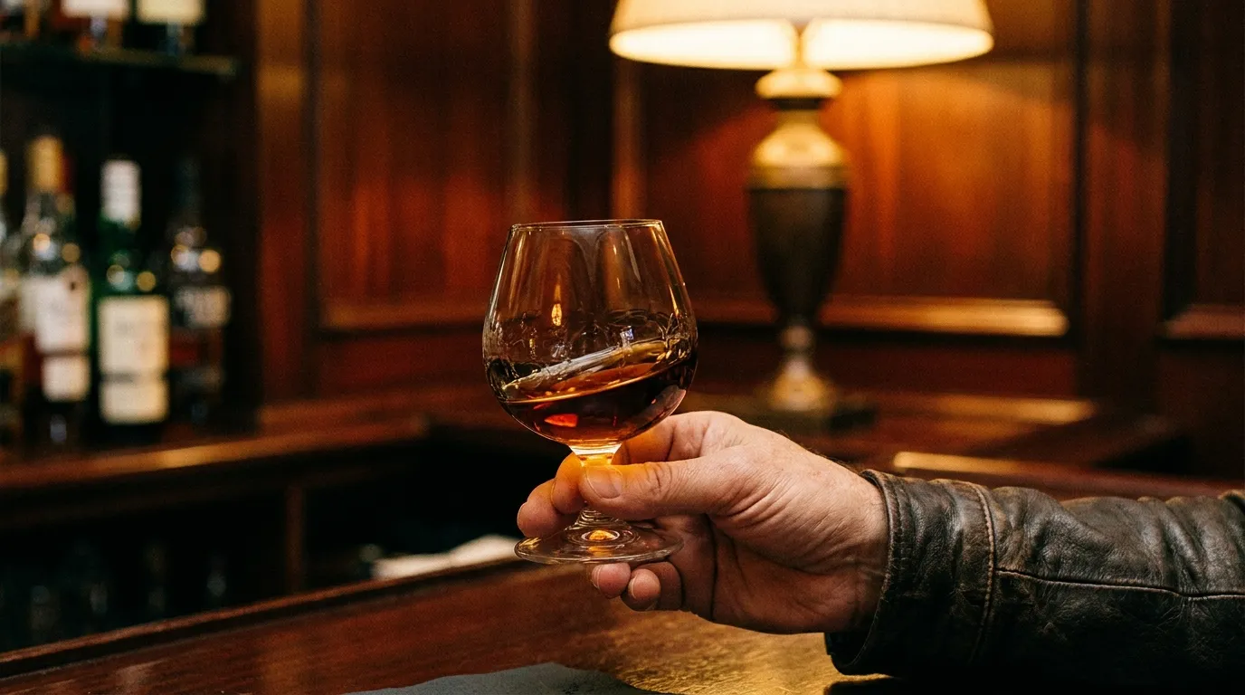 En hånd holder varsomt om en lille cognac-snifter for at varme den svagt