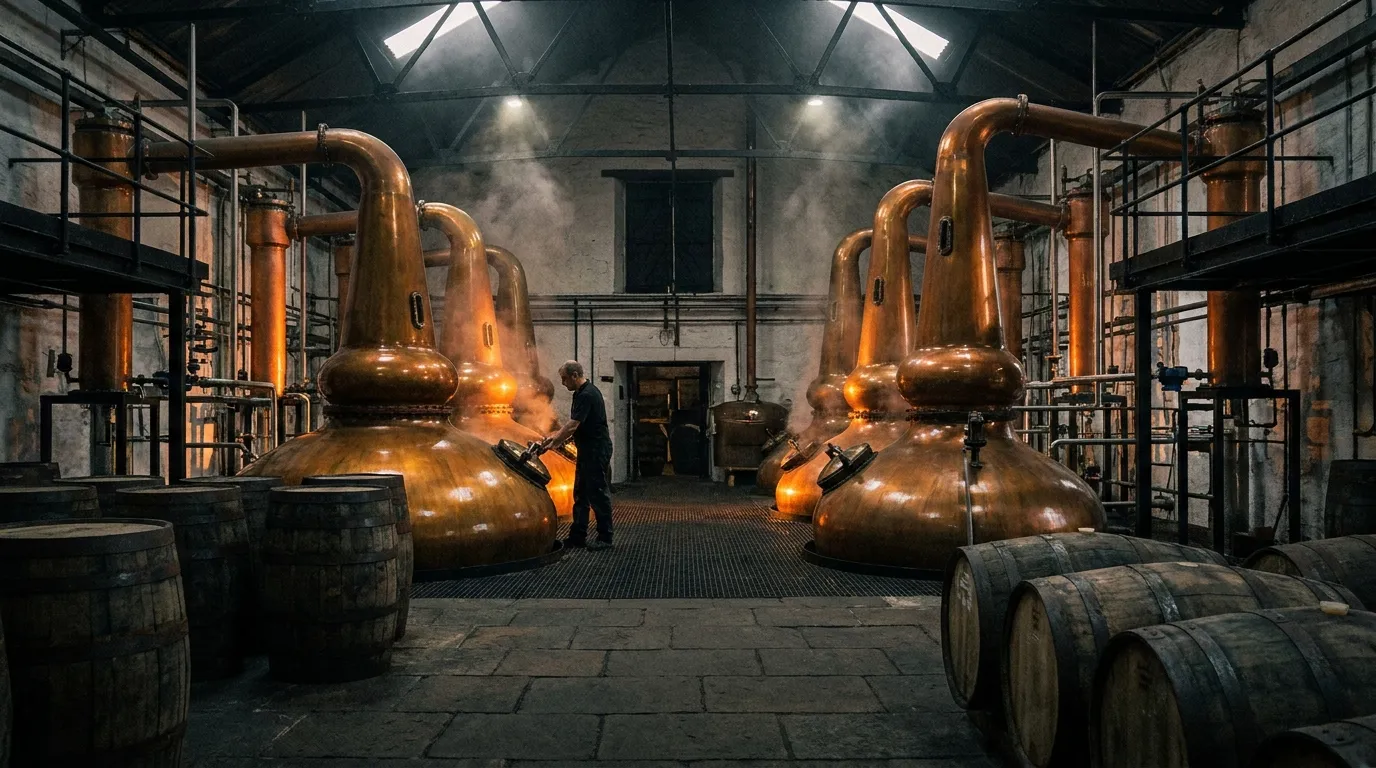Skinnende kobber-pot stills i et traditionelt whiskydestilleri i varmt, dæmpet lys
