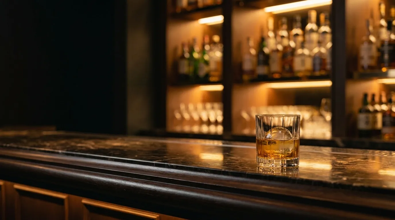 Et glas amber whisky på en marmorbardisk foran en varmt oplyst barhylde i en eksklusiv bar