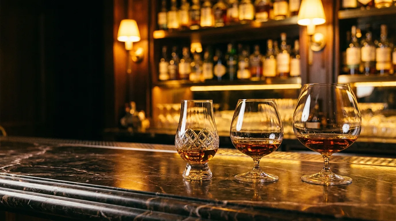 Tre forskellige spiritusglas med amberfarvet indhold på en poleret mørk marmorbardisk i en varm, eksklusiv bar