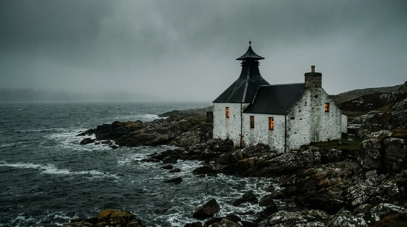 Klippekyst på Islay i tåget lys med et hvidkalket destilleri ved vandkanten