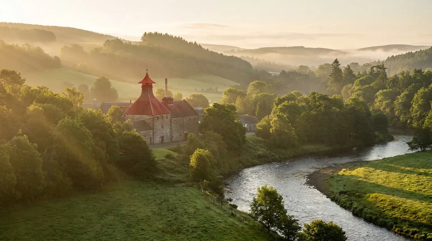 Grøn floddal ved Spey med et traditionelt destilleri med pagodetag i morgenlys