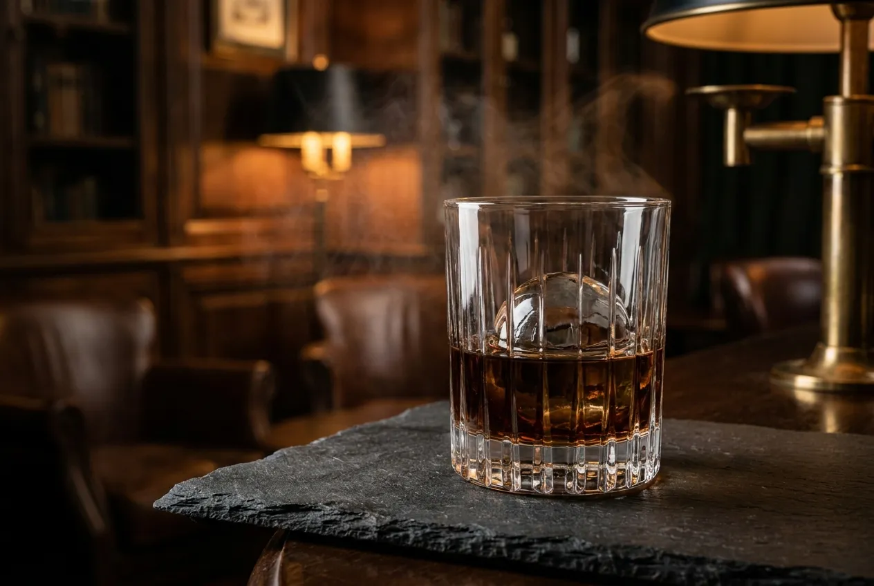 Et krystalglas mørk peated whisky med en stor iskugle på en mørk skiferbardisk