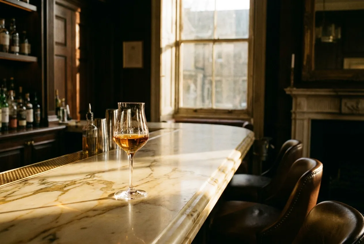 Et tulipanformet whiskyglas med gylden honningfarvet whisky på en poleret marmorbardisk i gyldent lys
