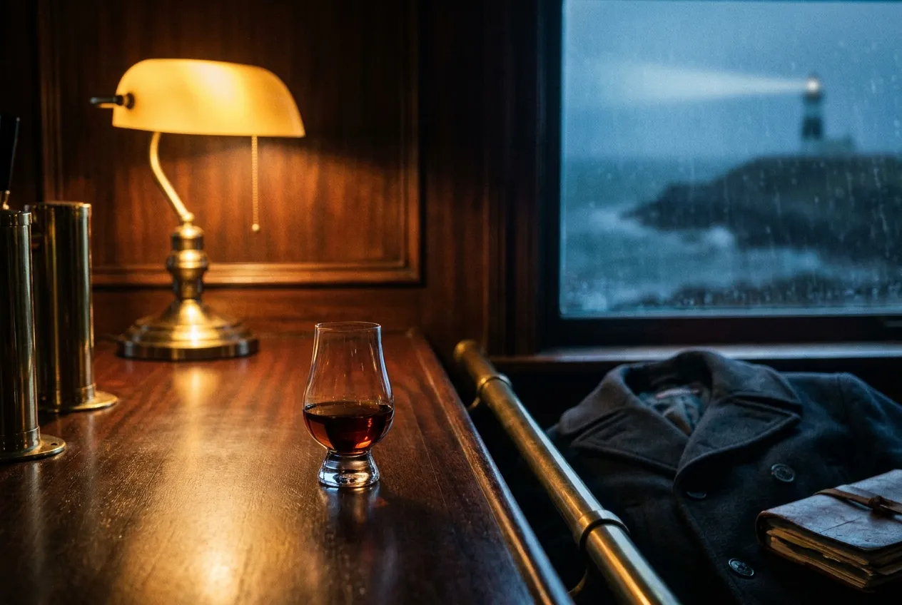 Et tulipanformet whiskyglas med ravfarvet whisky på en poleret mørk bardisk med koldt blåligt lys i baggrunden