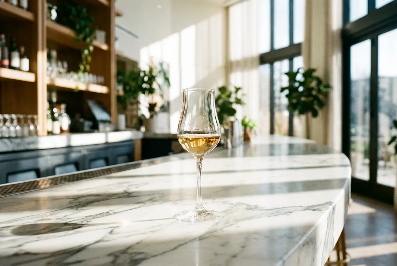 Et lille cognacglas med lys ravfarvet cognac på en lys marmorbardisk i dagslys