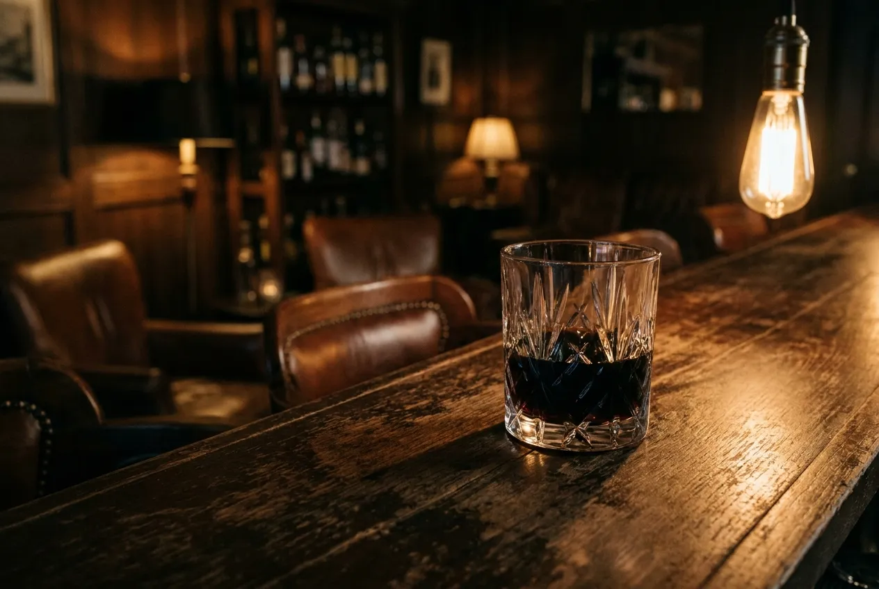 Meget mørk rom i en tung krystaltumbler på gammelt mørkt træ i dybe skygger