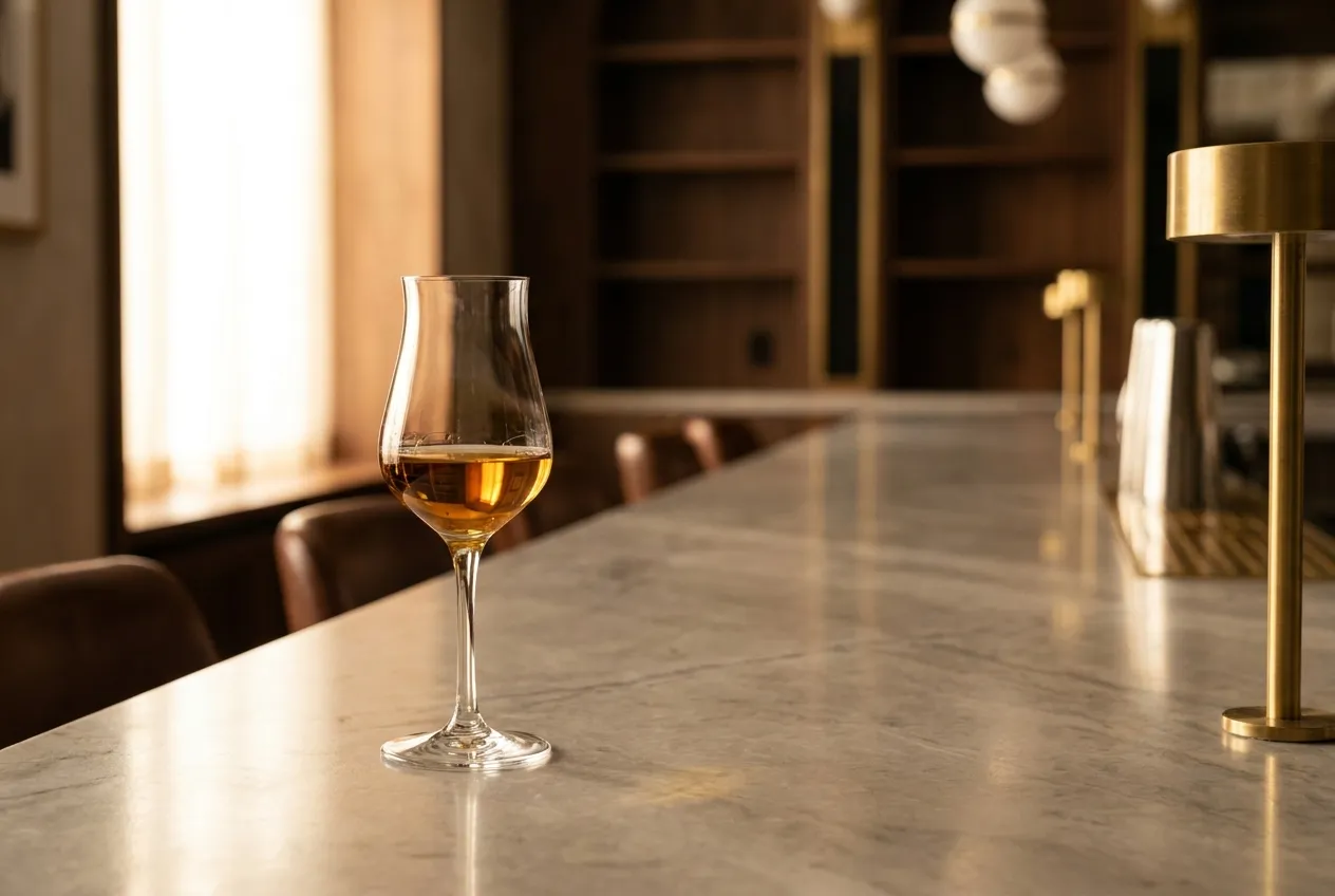 Lys ung cognac i et tulipanglas på en lys marmorbardisk i klart varmt lys