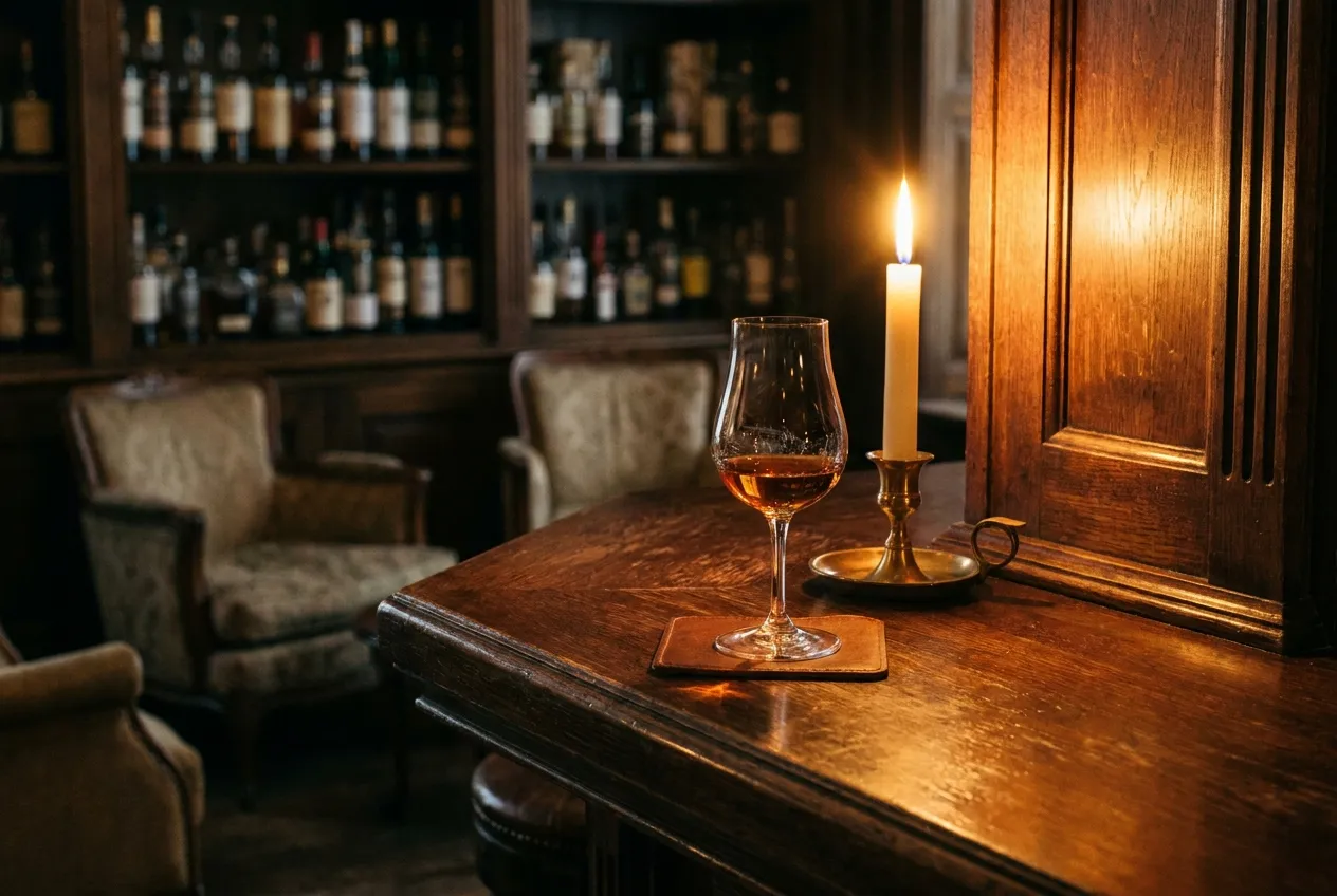 Et klassisk cognacglas med ravfarvet cognac på en varm træbardisk med et stearinlys i baggrunden