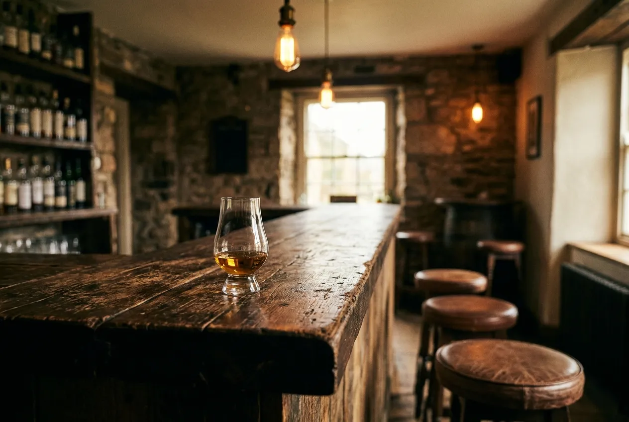 Et tulipanformet whiskyglas med lys gylden whisky på en rustik forvitret trædisk