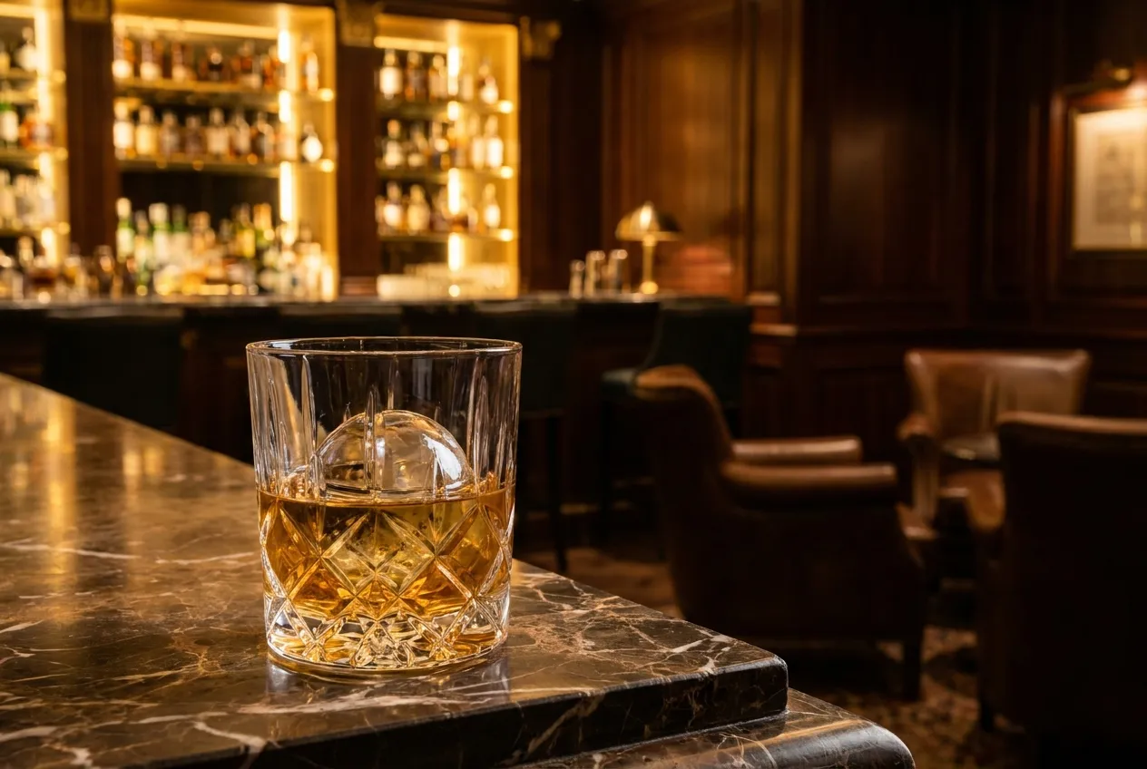 Et krystalglas whisky med en iskugle på en marmorbardisk i en eksklusiv bar