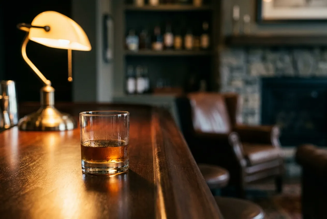 Ravfarvet rugwhisky i en enkel tumbler på en mørk bardisk i dæmpet lampelys