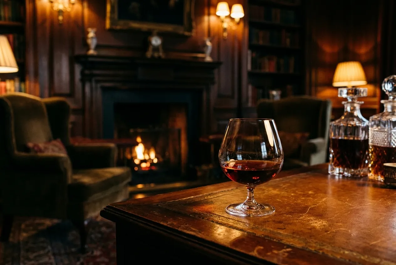 Dyb mahognifarvet cognac i et fint krystalsnifterglas på et læderbeklædt bord i dæmpet lys