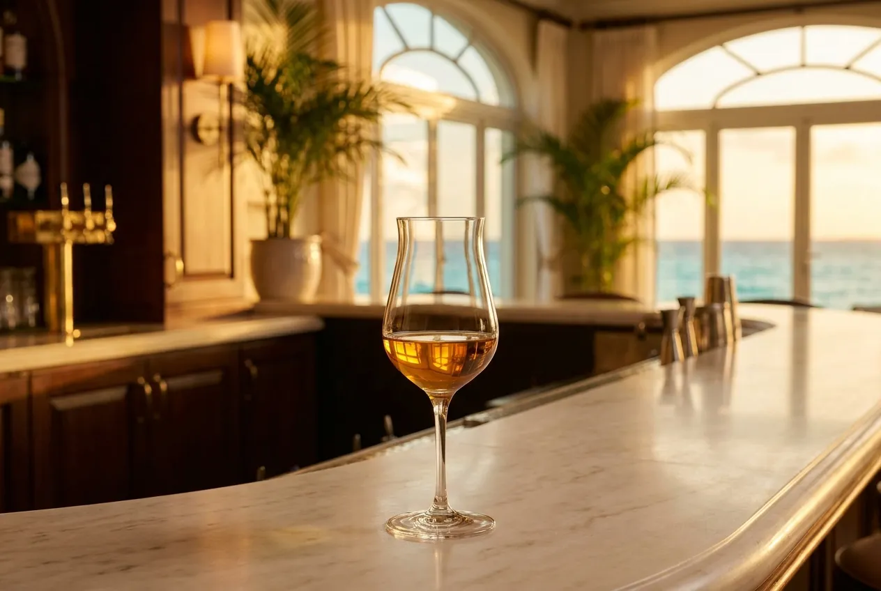 Ravfarvet rom i et tulipanglas på en lys marmorbardisk i en elegant bar