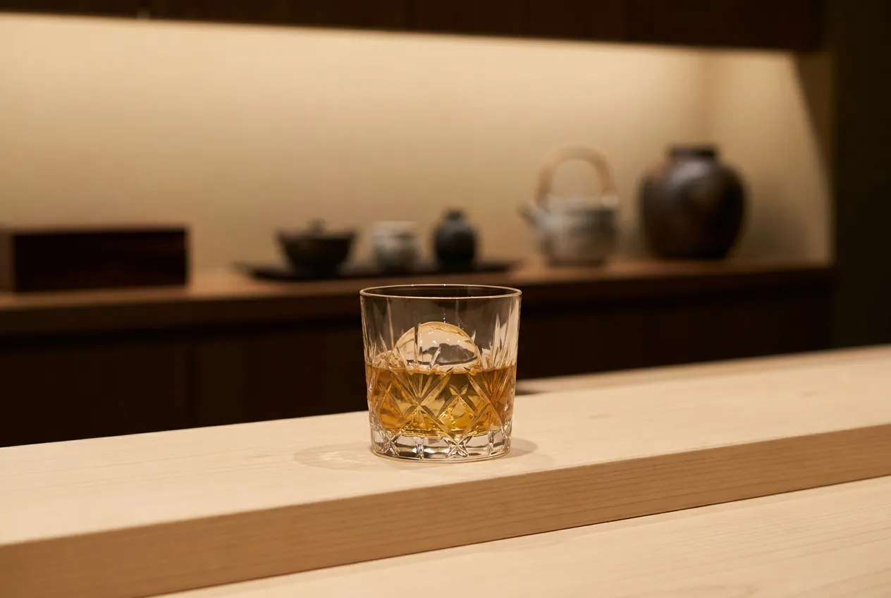 Whisky i et fint krystalglas på en lys minimalistisk træbardisk i en japansk bar