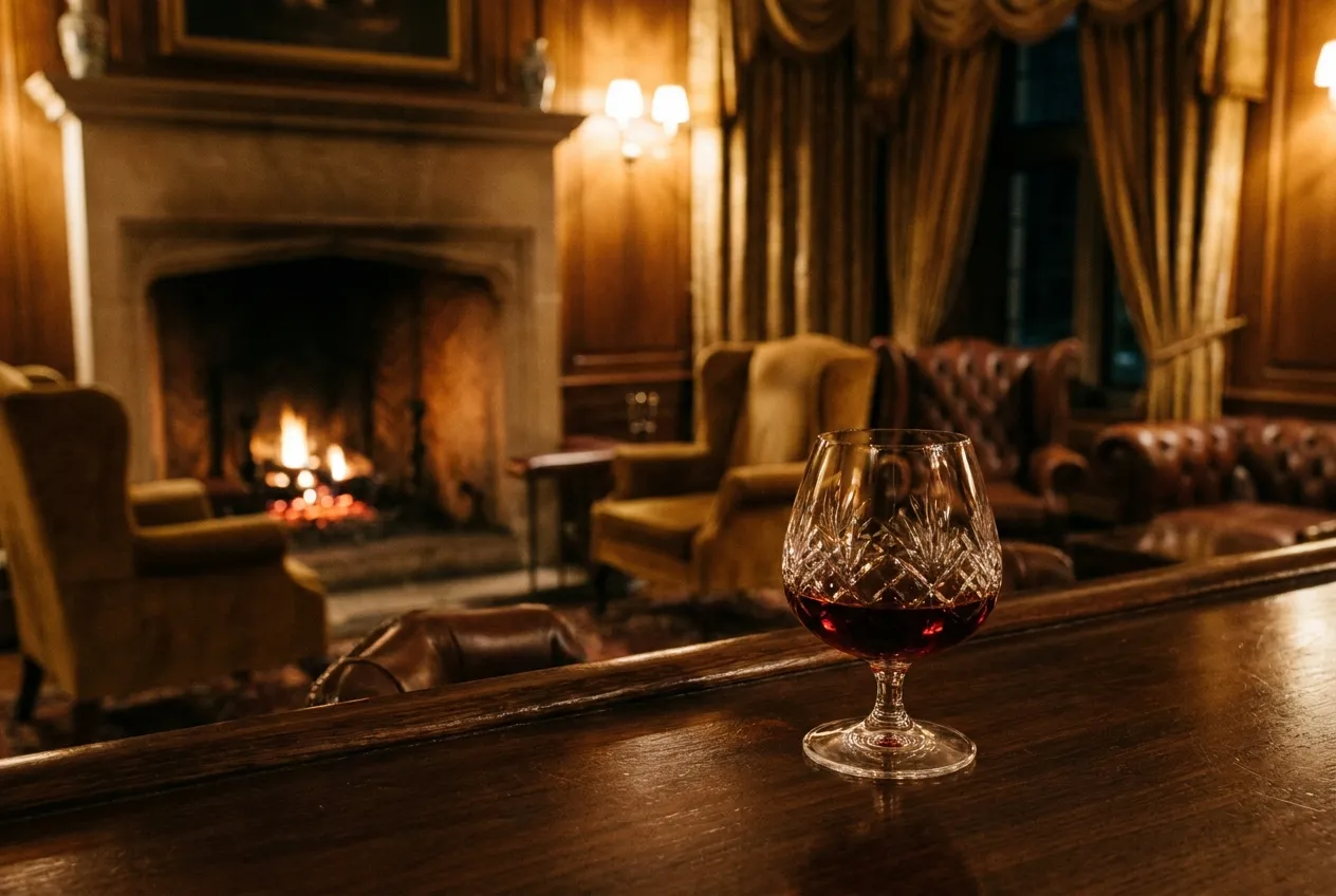 Et cognacglas med dyb mahognifarvet cognac på en mørk bardisk med en pejs der gløder svagt i baggrunden