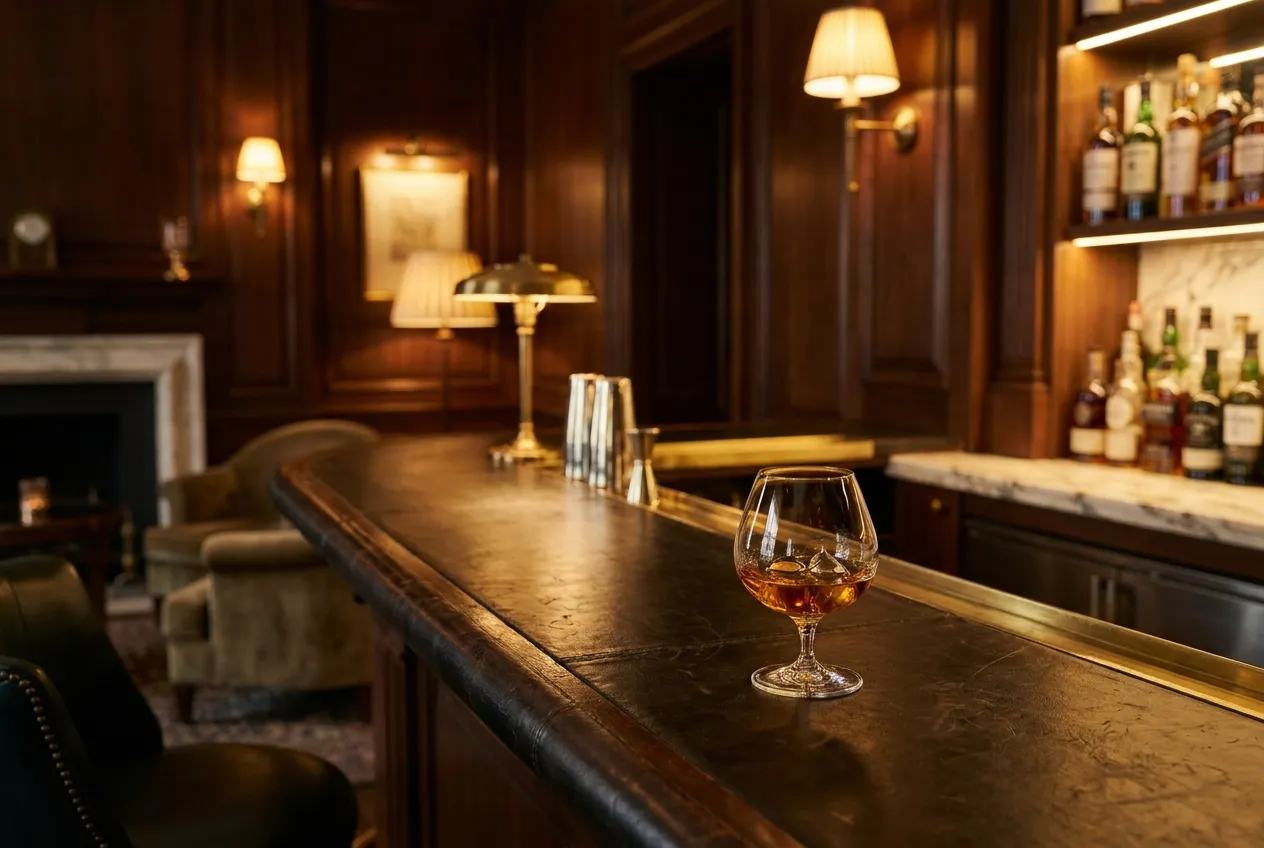 Et cognacglas med amber cognac på en bardisk i en sofistikeret klublounge