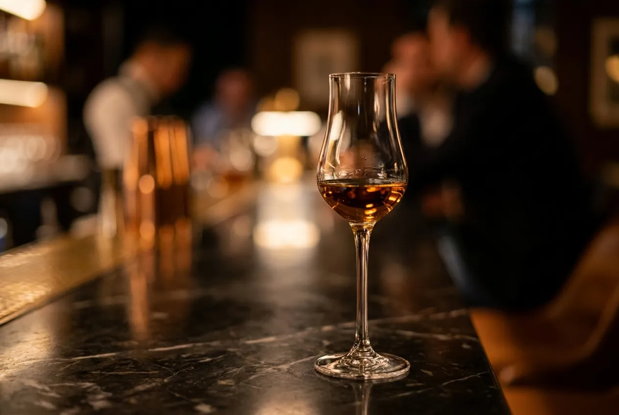 Højt slankt copita-smageglas på stilk med amber spiritus på en mørk marmorbardisk