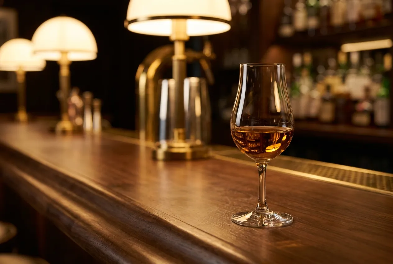 Tulipanformet whiskyglas med kort stilk fyldt med amber whisky på en poleret mørk bardisk