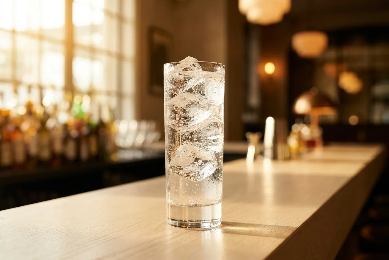 Højt slankt highballglas fyldt med is og en klar boblende drink med kondens på glasset