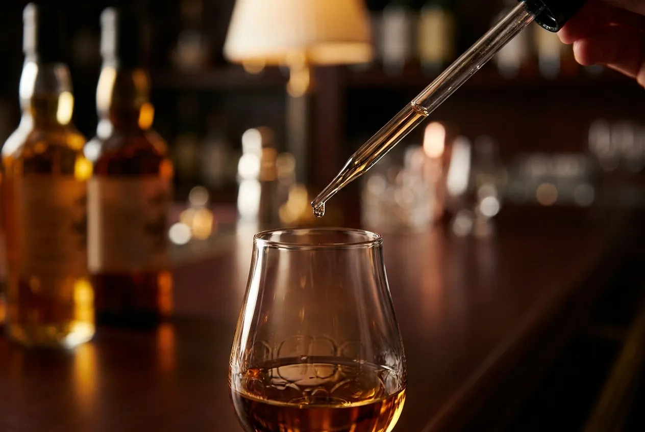 Slank glaspipette holdt over et smageglas med whisky, hvor en enkelt vanddråbe er ved at falde