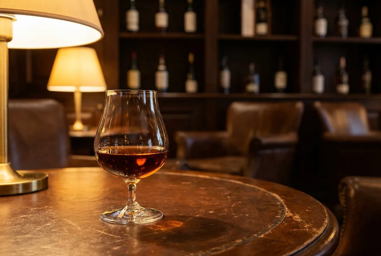 Lille tulipanformet cognacsnifter med dyb amber cognac på et læderbeklædt bord