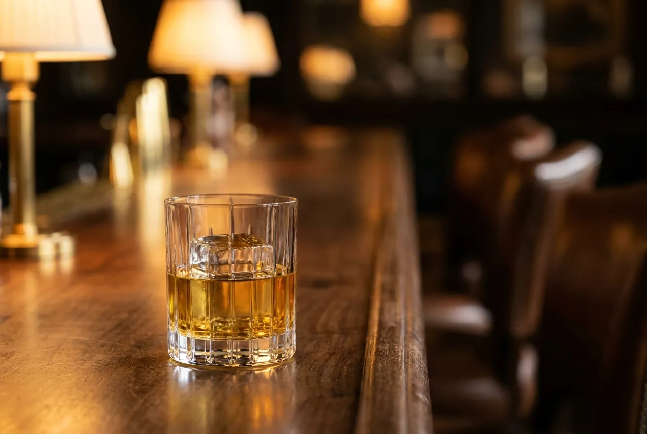 Tungt krystaltumblerglas med en stor isterning og amber whisky på en mørk bardisk
