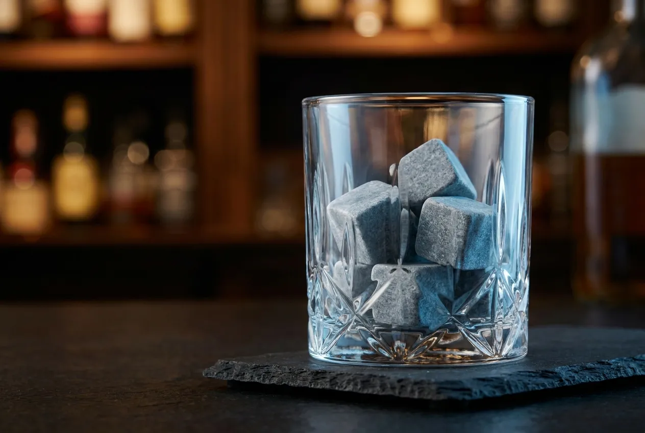 Grå kubiske fedtstens-whiskysten liggende i et tomt krystalglas på mørk skifer
