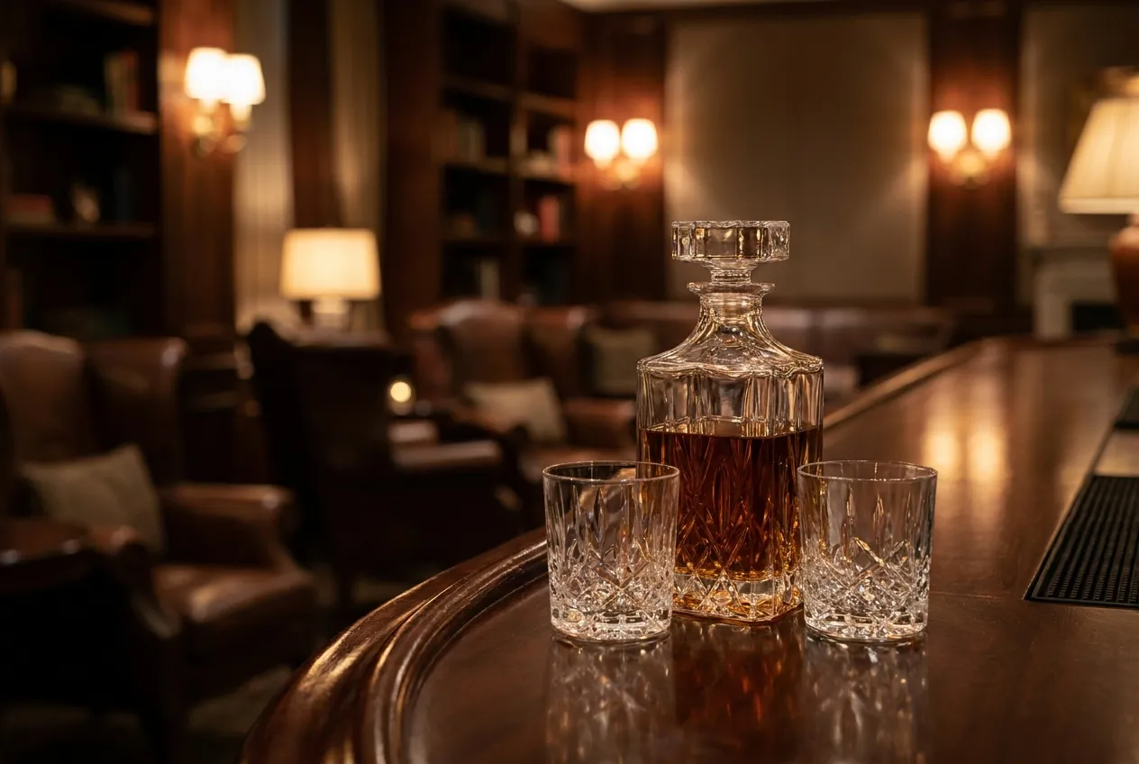 Elegant krystalkaraffel med amber spiritus ved siden af to tomme glas på en bardisk